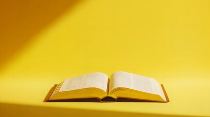 An open book on a vibrant yellow background with copy space