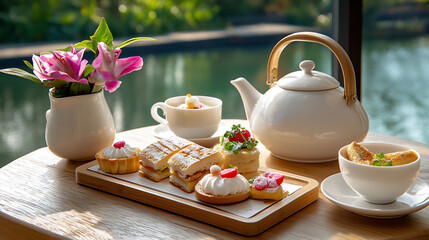 Fototapeta premium serene tea garden with finger sandwiches and pastries
