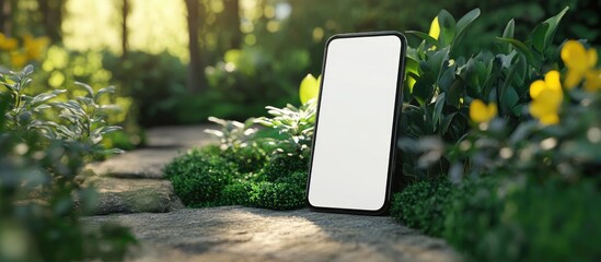 Smartphone with blank display placed on garden path surrounded by vibrant green foliage and yellow flowers in a serene outdoor setting.