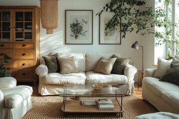  Stylish industrial-style shelf with wooden drawers and metal frame in an elegant living room with glass coffee table, cozy seating, and warm lighting.