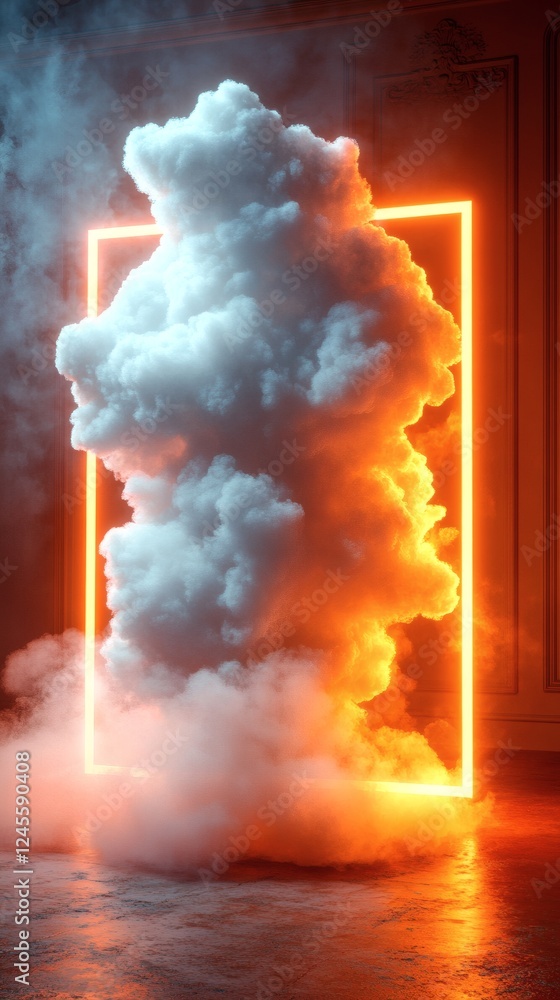 Poster fluffy white cloud rendered in 3d isolated on a pastel orange background with a light mist around it
