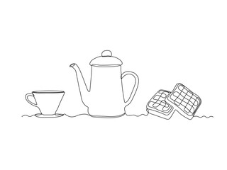 Abstract coffee pot, teapot and cup, Viennese waffles, dessert for breakfast, continuous single one line art hand drawing sketch logo
