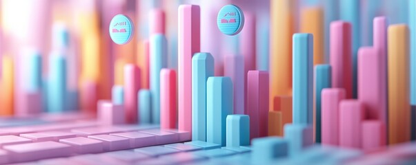 Obraz premium A colorful, abstract representation of bar graphs and data visualization, showcasing various heights in pastel shades.