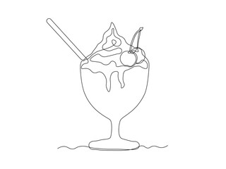 Abstract dessert with cream and cherry berry and straw in creamer, ice cream, cocktail. continuous single one line art hand drawing sketch logo