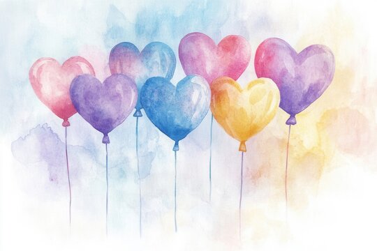 Charming birthday surprise with heart-shaped balloons in gentle pastel watercolor for memorable celebrations and heartfelt exchanges. Perfect for various cheerful occasions