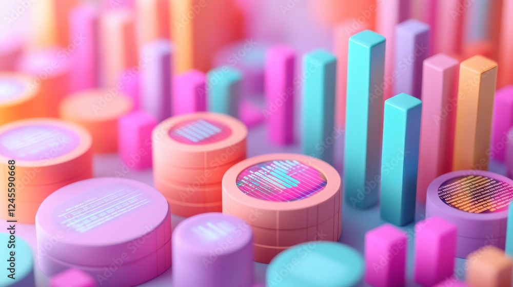 Poster a vibrant, abstract representation of data visualization featuring colorful bars and circular elemen