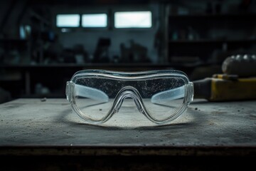 Clear Safety Goggles on a Dusty Workbench in a Workshop Setting