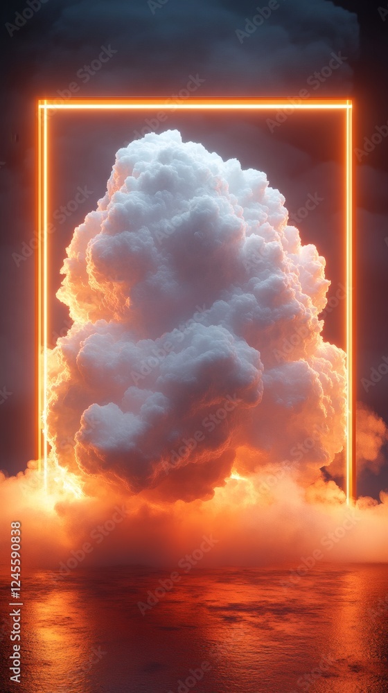 Poster fluffy white cloud rendered in 3d isolated on a pastel orange background with a light mist around it