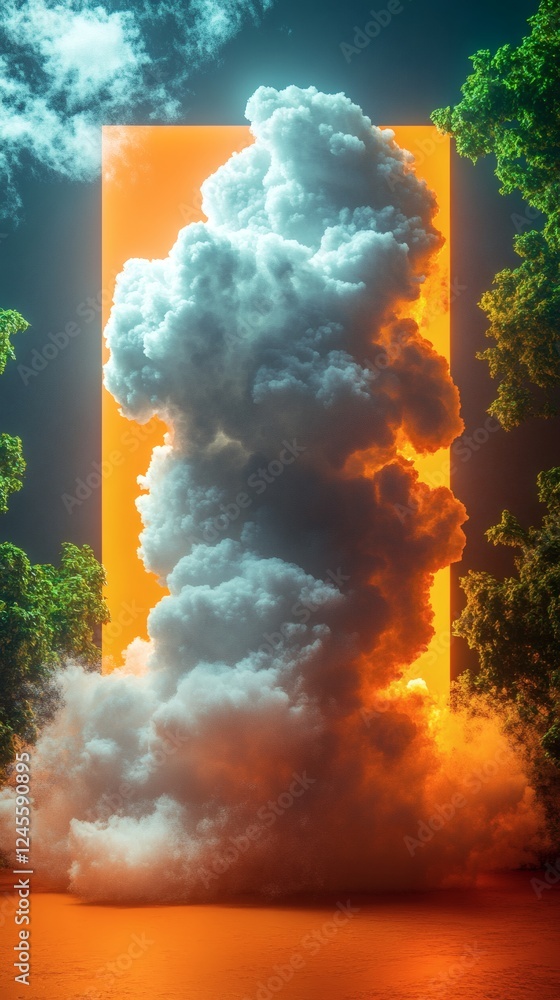 Aufkleber fluffy white cloud rendered in 3d isolated on a pastel orange background with a light mist around it