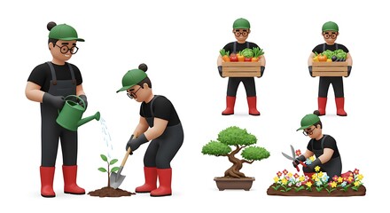 Gardening People Planting Vegetables Harvesting Fruits 3d Illustration