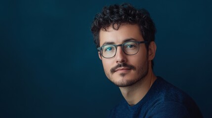 Obraz premium Man Portrait with Glasses on Dark Blue Background