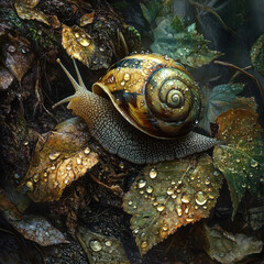Surreal misty forest with snail and botanical elements in hyper-realistic art