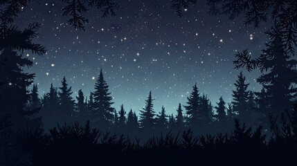 A quiet forest with dark trees silhouetted against a starry night sky.