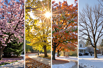 Beautiful four-season collage showcasing the changing colors of nature, from spring blossoms to summer greens, autumn hues, and winter snow.

