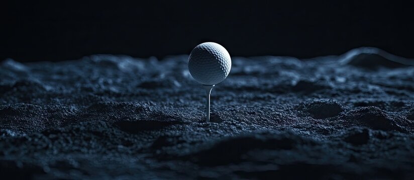 Moon surface with a lone white golf ball standing upright in the foreground, dark space in the background illuminated by soft light highlighting textures.