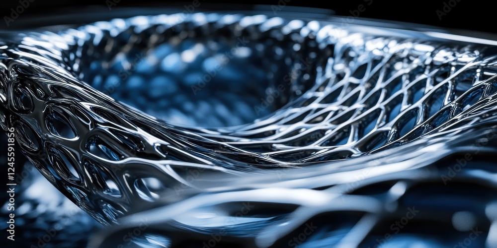Poster abstract metallic structure: blue hues and intricate design in 3d render