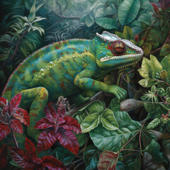 Hyper-realistic chameleon in surreal botanical jungle scene with creeping vines