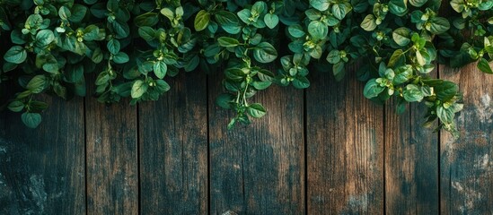 Lush green leaves cascading over rustic wooden planks creating a natural and inviting background with a rich earthy color palette
