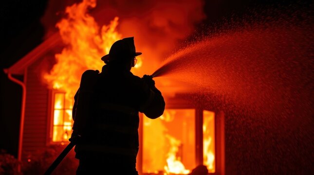 Firefighter battles intense flames to save home in the dark of night.