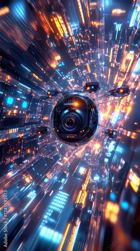 Poster futuristic dronestyle camera rendered in 3d flying through a glowing digital grid the camera navigat