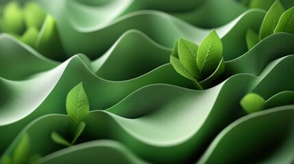 Green undulating landscape, sprouting leaves, nature background, eco-design