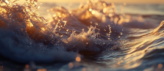 Golden sunlight reflecting on dynamic ocean waves with intricate water details and foamy textures, capturing the essence of nature's movement.