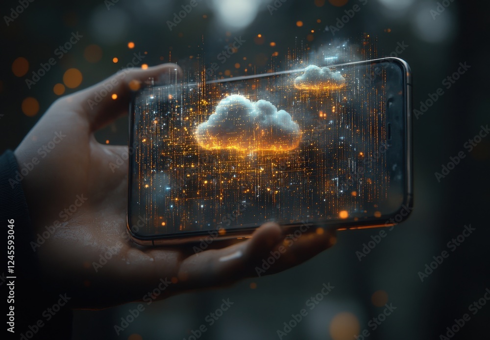 Poster a hand holding a modern smartphone displaying a captivating digital cloud concept with glowing parti