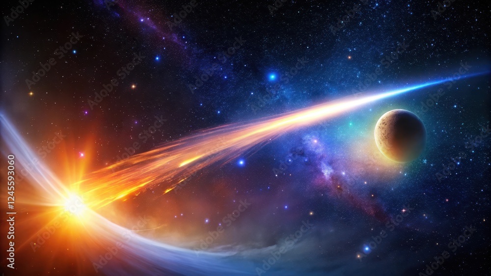 Wall mural a celestial event comet streaking past a planet amidst a vibrant nebula and starfield