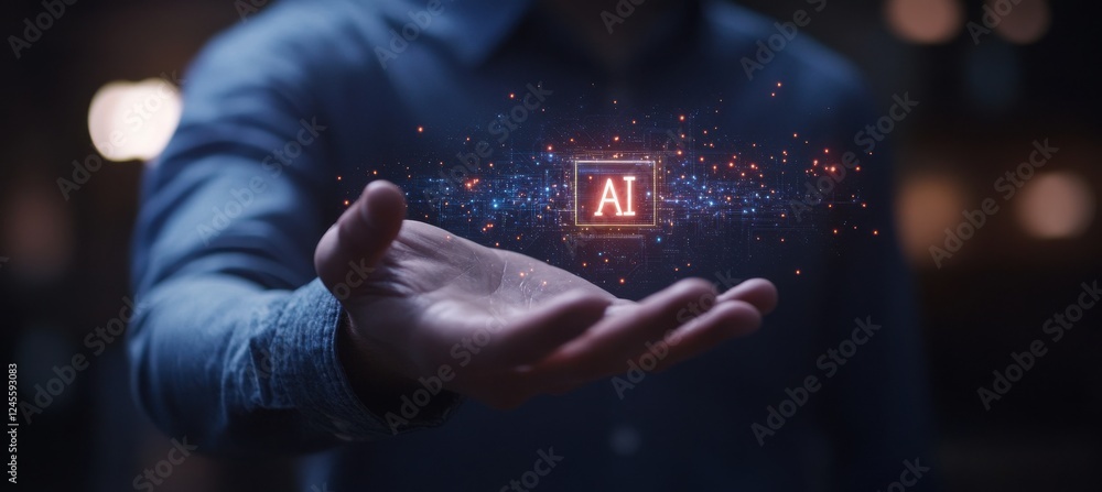 Poster a person holding a glowing representation of artificial intelligence with colorful particles illumin