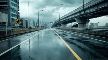 Gloomy city street landscape with wet rainy road and dramatic overpass in a moody atmospheric urban environment  Flooded puddles reflect the industrial architecture and empty
