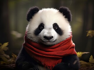Fototapeta premium the AI Image Generator, Adorable Panda Wearing Scarf Amidst Bamboo