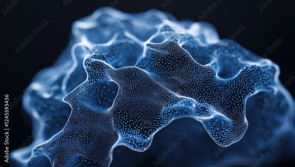 Poster abstract 3d representation of a blue wave-like surface with intricate dot patterns, ideal for techno