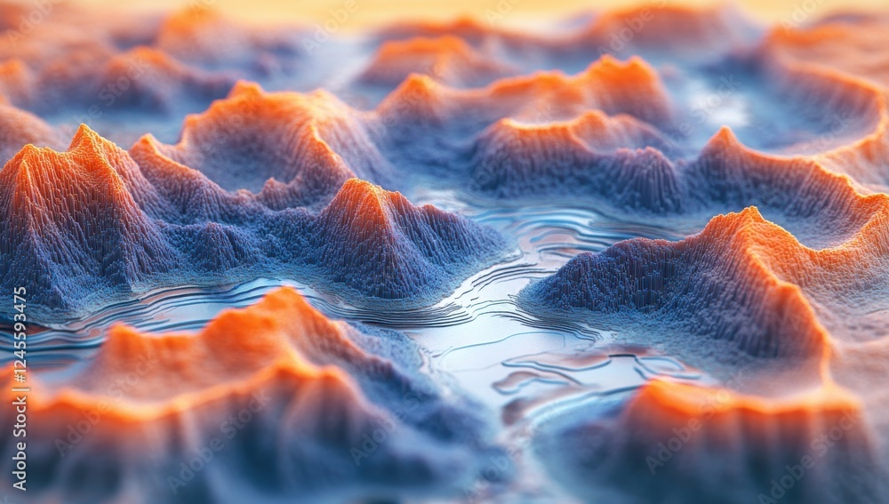 Poster abstract 3d landscape with colorful peaks and valleys reflecting light, showcasing intricate texture