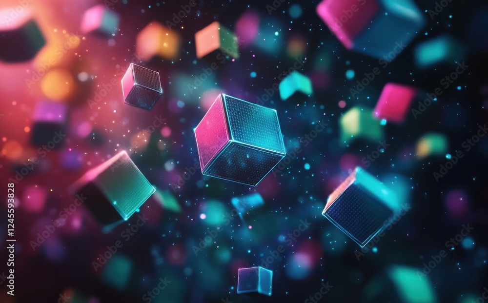 Poster abstract colorful cubes floating in space with dynamic lighting and a starry background for digital 