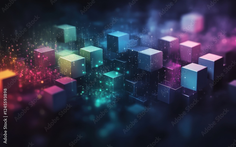 Fototapete Abstract Colorful Cubes in a Digital Space with Glowing Particles and Depth Creating a Futuristic Background for Technology Concepts