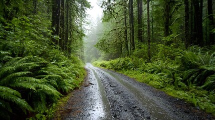 Obraz premium Lush verdant temperate rainforest path winding through dense mossy woods with towering evergreen trees and fern covered forest floor Scenic serene and atmospheric outdoor landscape for hiking
