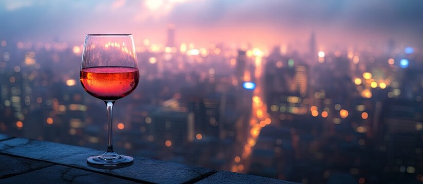 Wine glass filled with red wine placed on a foggy rooftop at sunset with glowing city lights in the background creating an urban ambiance