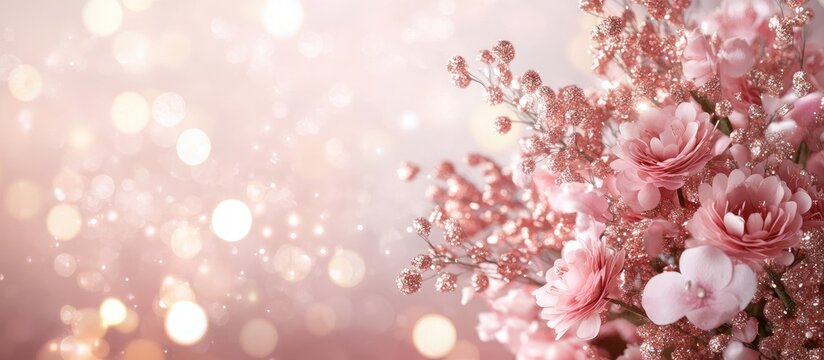 Pink festive background with defocused bokeh effect, featuring sparkling rose gold elements and soft floral accents on the left.
