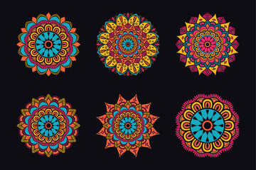 Colorful Mandala Art Collection | Intricate Bohemian Floral Patterns | Vibrant Ornamental Design for Sublimation, set of vector ornamental elements