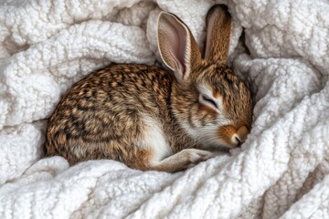Naklejka premium Cozy Rabbit Curled Up in Soft Blanket