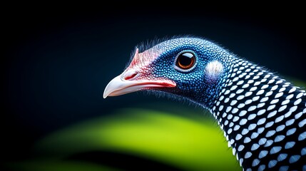 Obraz premium Close-up of a vibrant bird with striking blue and white plumage against a blurred green background