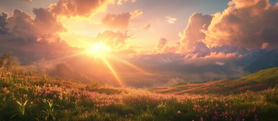 Dramatic sunset landscape with vibrant sunrays casting golden light over lush green hills and colorful wildflowers under a cloudy sky.