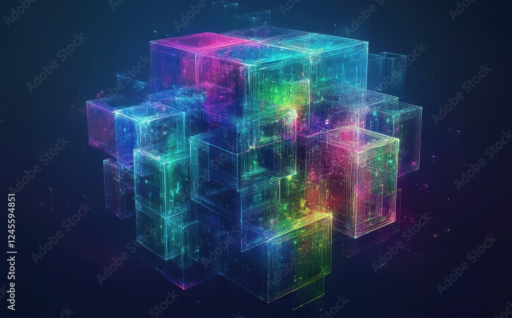 Poster abstract digital art of colorful transparent blocks with shimmering lights in a futuristic design di