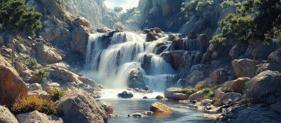 Majestic waterfall cascading over rugged stones surrounded by sparse greenery and large boulders in a serene natural landscape with soft lighting