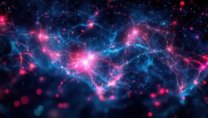 Fototapeta premium Abstract digital background showcasing vibrant pink and blue neural connections with glowing particles and radiant bursts in a cosmic style