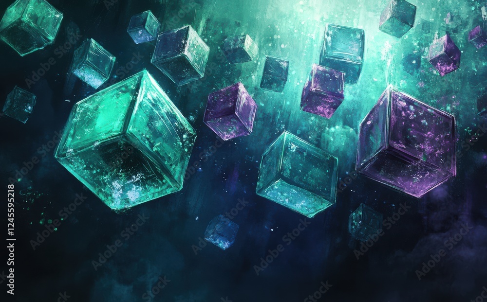 Poster Abstract Digital Background with Floating Geometric Shapes in Ethereal Colors and Cosmic Atmosphere for Technology and Science Concepts
