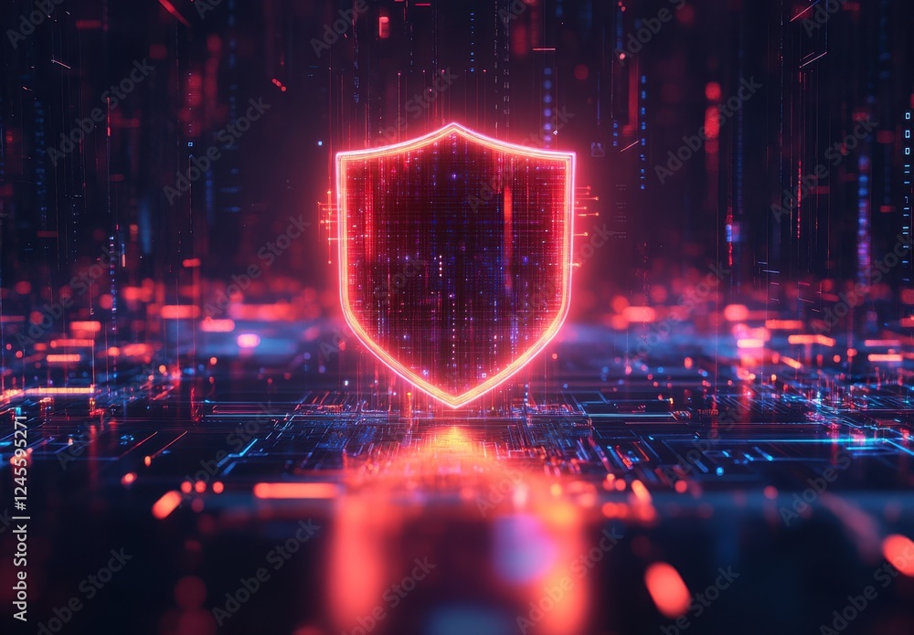 Poster abstract digital background with glowing shield symbol representing cyber security and data protecti
