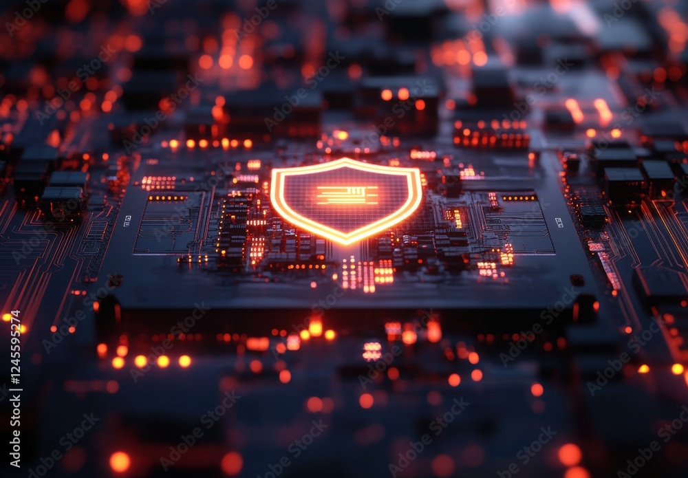 Poster abstract digital background with glowing shield symbol on circuit board representing cyber security,