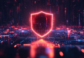 Obraz premium Abstract digital background with glowing shield symbol representing cyber security and data protection in futuristic technology environment