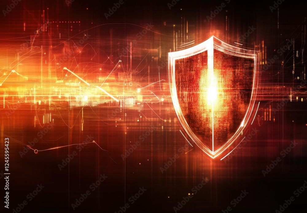 Poster abstract digital background with glowing shield symbol representing cybersecurity, data protection, 